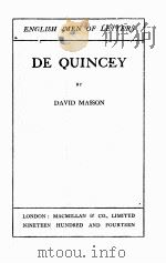 DE QUINCEY PDF电子版封面 DAVID MASSON