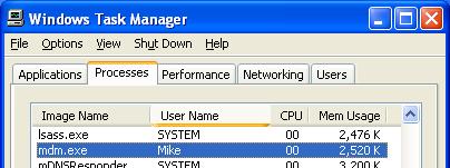 英文版Windows XP系统中正在运行的mdm.exe进程